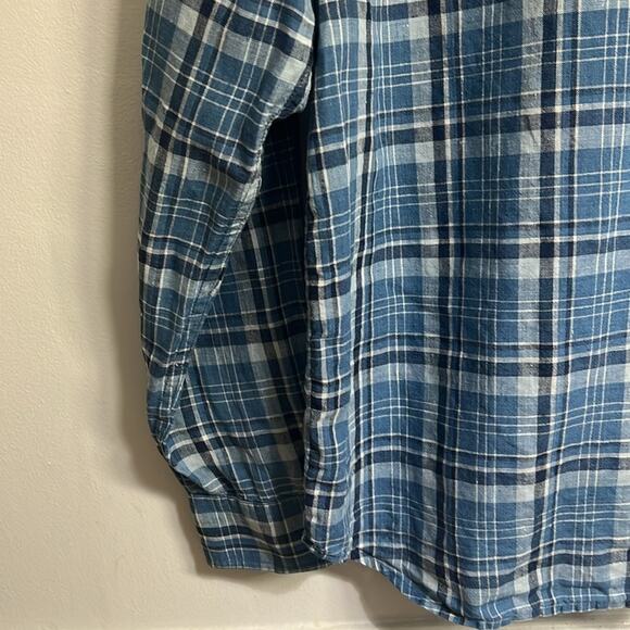 LRL 100% linen women’s Medium blue plaid long sleeve button up shirt, preppy - Picture 7 of 11
